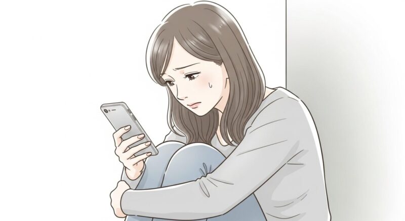 スマホを見つめながら悩む日本人女性のイラスト