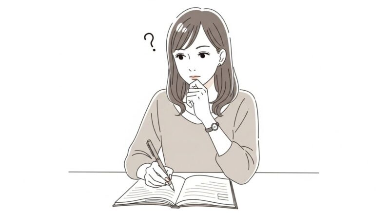 ノートにメッセージを書きながら考える日本人女性のイラスト