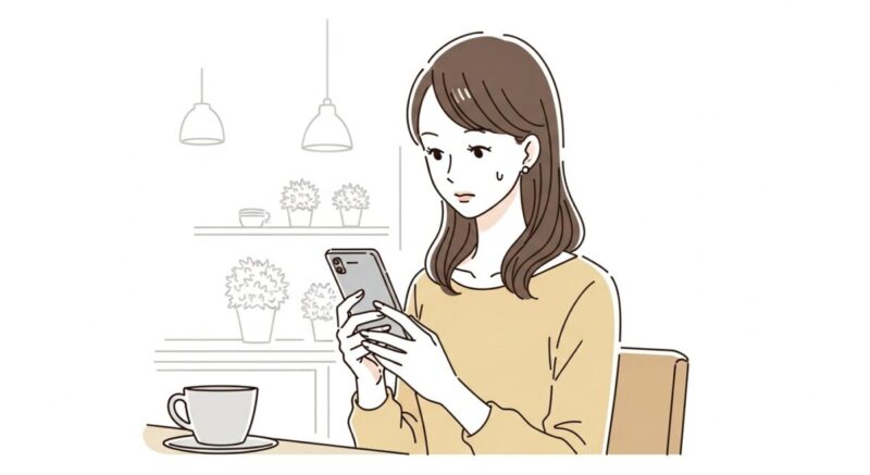 スマホに打ち込んだメッセージを見返す女性のイラスト