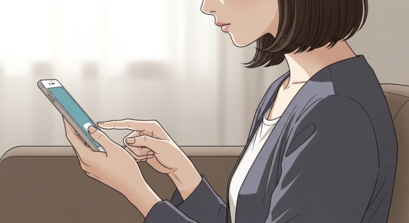 送信ボタンに指をかけて迷っている女性のイラスト