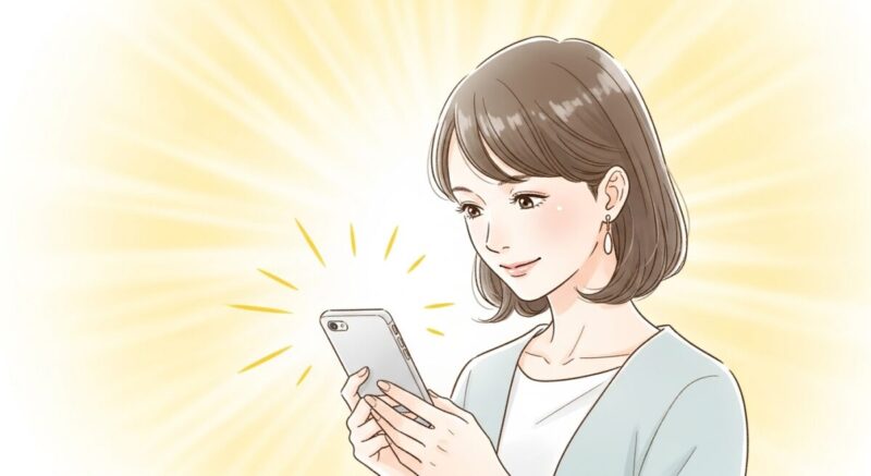 笑顔でスマホを手にする日本人女性のイラスト