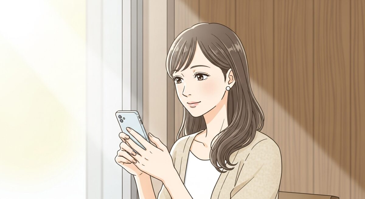 カフェの窓辺でスマホを手にしながら、共通の趣味を思い出して少し微笑んでいる20代後半の日本人女性のイラスト