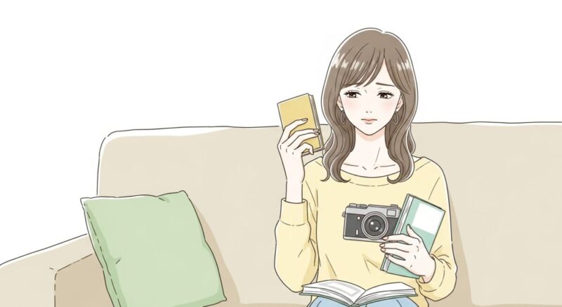 趣味の本やグッズを手にしながら、何かを思い出すように静かに考え込む日本人女性のイラスト