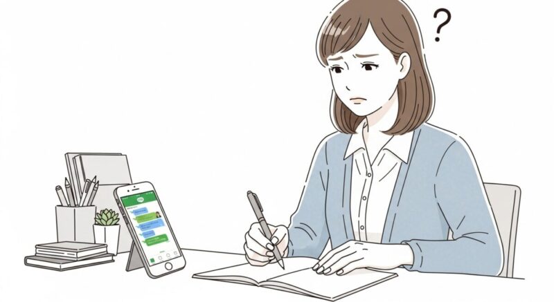 LINEのトーク画面を見ながら、送る内容に悩みつつノートにメモをとる女性のイラスト