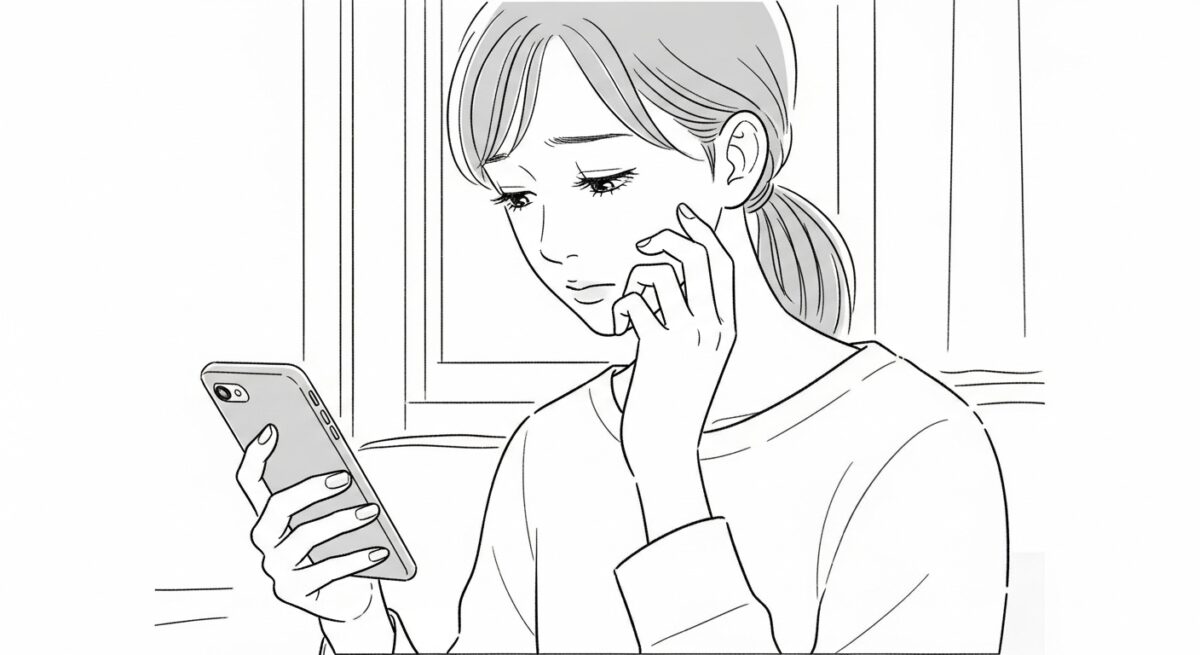 感情を整理しようとする日本人女性がスマホを見つめながら静かに悩んでいる様子のイラスト