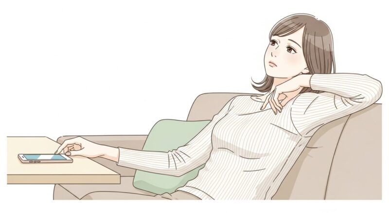 スマホを置いてソファに背をあずけている女性の静かな背中のイラスト