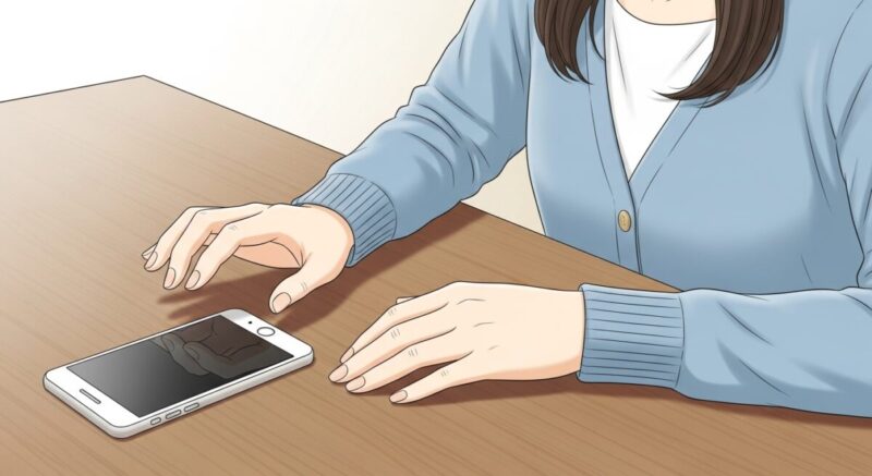スマホに手を伸ばしかけて止めている女性の手元のイラスト