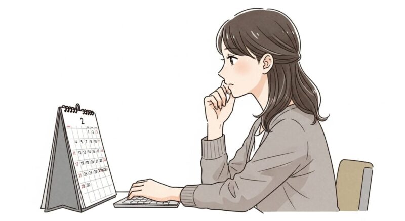 カレンダーを見ながら悩んでいる女性の横顔のイラスト