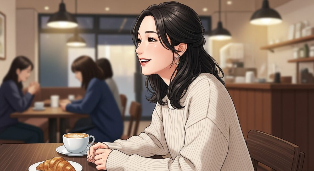 カフェで自然に笑顔で会話する女性。相手の姿は描かれていないが、安心感がにじむ表情。