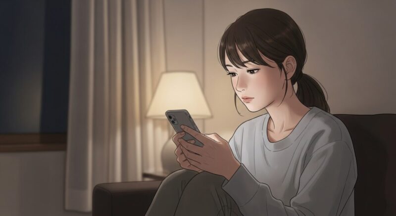 落ち着いた表情でスマホを見つめる日本人女性。