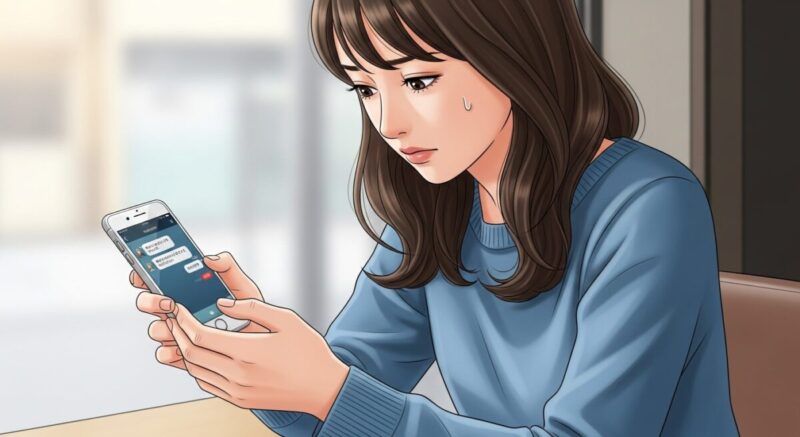 スマホを持ってうつむく女性が、返信の来ないトーク画面を見て落ち込んでいる様子。