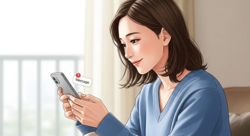 スマホに通知が表示され、女性が微笑んでいる姿。