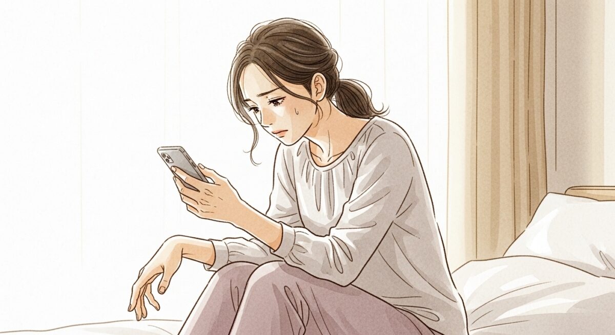 LINE未読が続く中、スマホを手にして思い悩む日本人女性の切ない表情を描いた繊細なイラスト