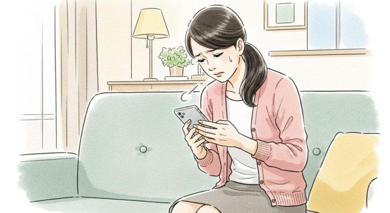 スマホを握りしめたまま切なげに俯く日本人女性が、未読のままの現実を受け止めようとしているイラスト