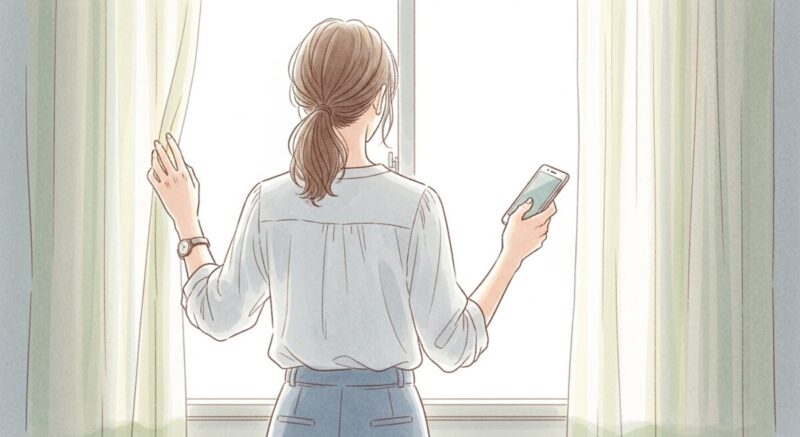偶然再会した瞬間を思い出すように、窓辺で静かに佇む日本人女性の後ろ姿のイラスト