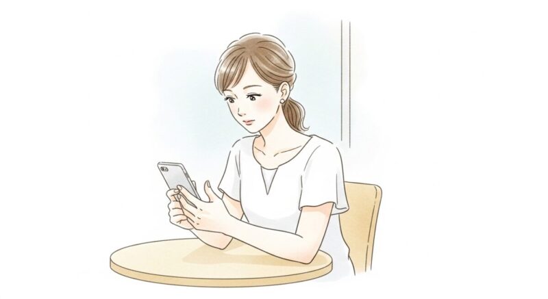 スマホを見つめる日本人女性が、慎重にLINEメッセージを打っている真剣な表情のイラスト
