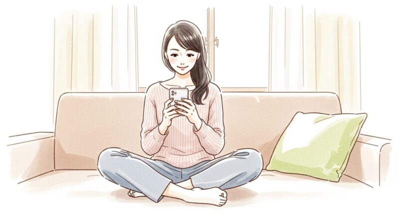 ソファに座る日本人女性が微笑みながらスマホを操作している、穏やかな時間を描いたイラスト