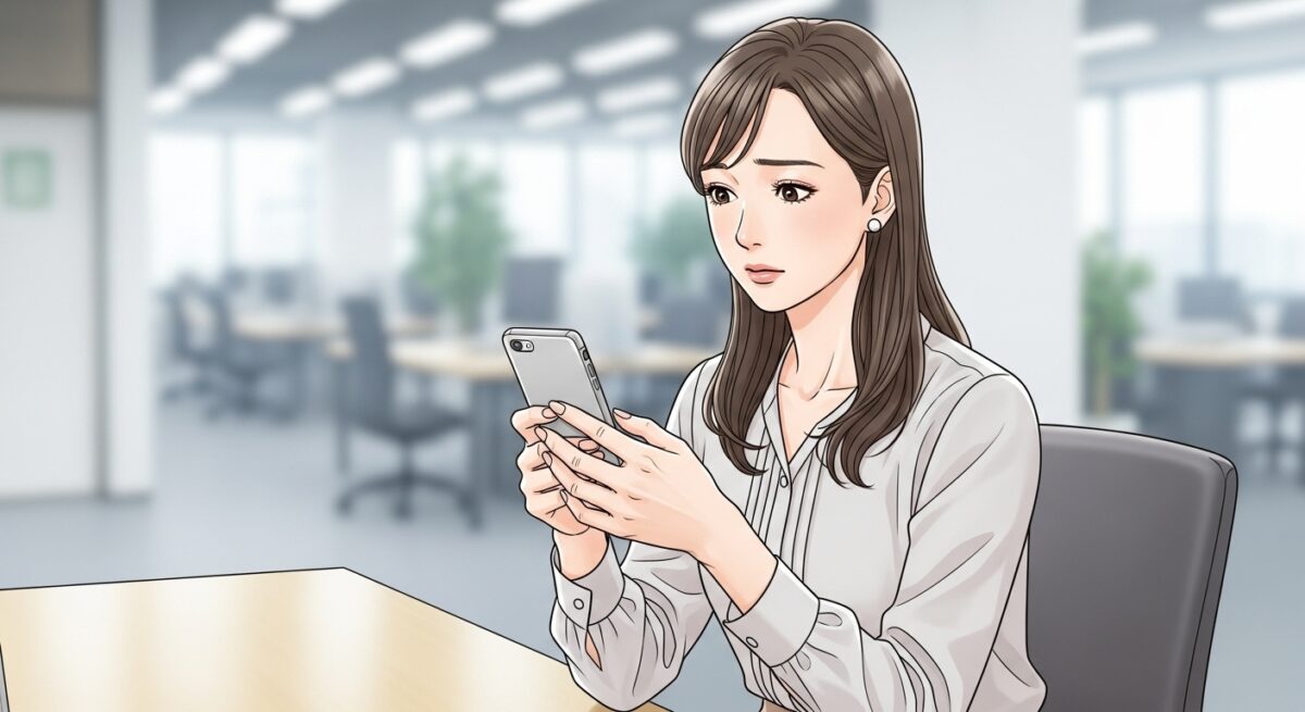 職場で顔を合わせながらも、LINEは未読のまま悩む女性の切なさを表現したイラスト