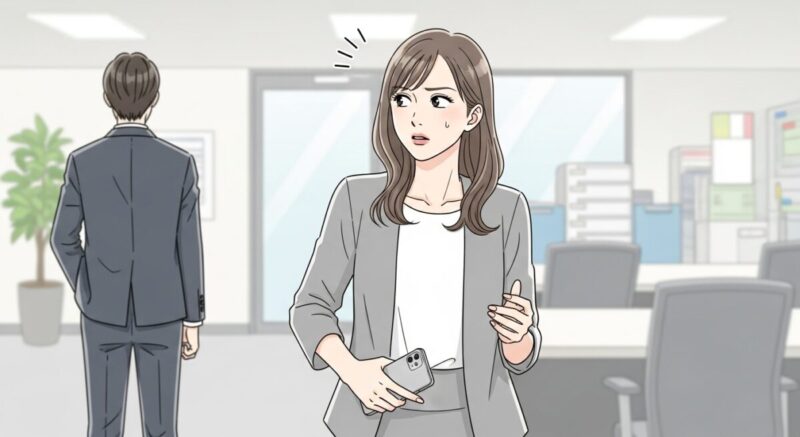 LINEを未読のままにされた女性が、職場で気まずさを抱えている様子のイラスト