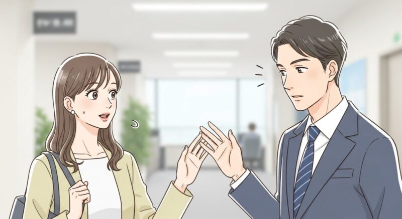 職場ですれ違いざまに目を合わせる男女の静かな気配を描いたイラスト