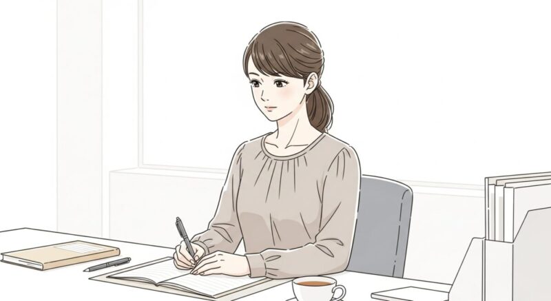 一人で仕事に集中しながら、自分を整える女性のイラスト