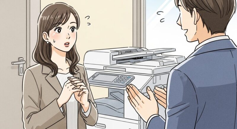 オフィス内で男性に話しかけられ、少し驚きつつ微笑む女性のイラスト