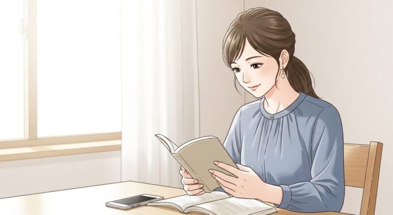 自分磨きに集中している女性が本を読みながら微笑んでいるイラスト