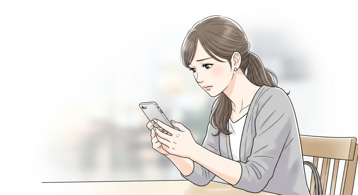 スマホを見つめる女性が、沈黙のLINEとSNSへの希望の間で揺れているイメージのイラスト
