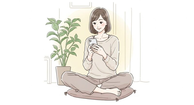 穏やかな表情でスマホを見つめる女性がゆったり過ごしているイラスト