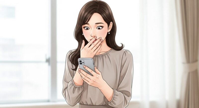 スマホに届いたDM通知を見て驚いた表情を浮かべる女性のイラスト