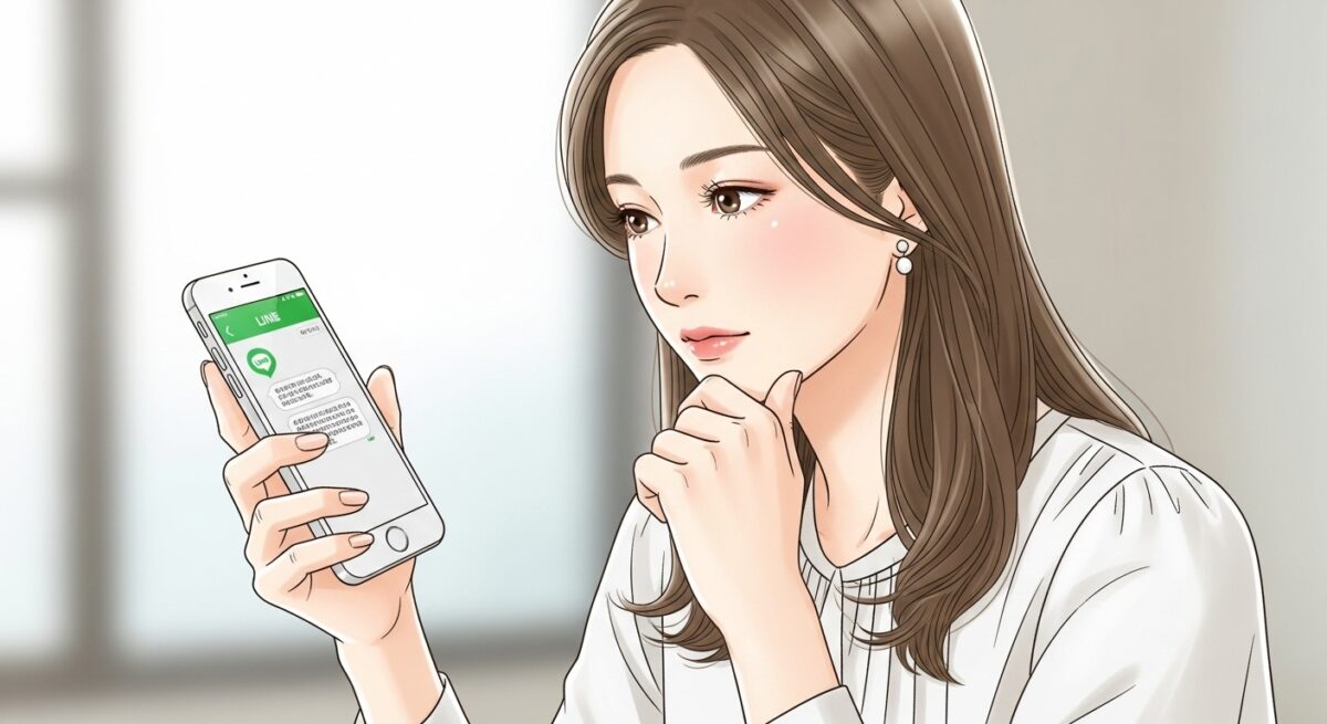 LINEの未読画面とスマホを見つめる女性の切ない心理を象徴的に描いたイラスト
