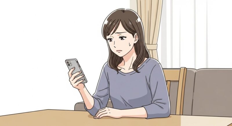 スマホを握りつつ、葛藤する女性の表情を繊細に描いたイラスト