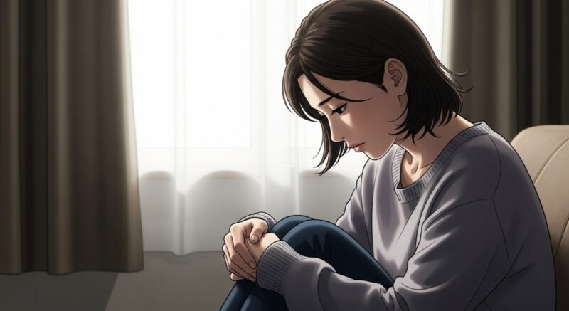 窓辺で俯き、深く反省している女性を描いたイラスト
