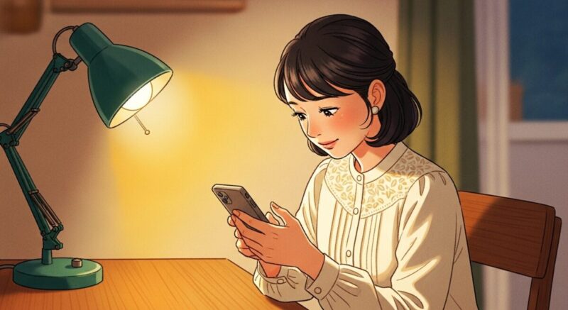 スマホ画面に緊張しつつメッセージを送る女性のイラスト