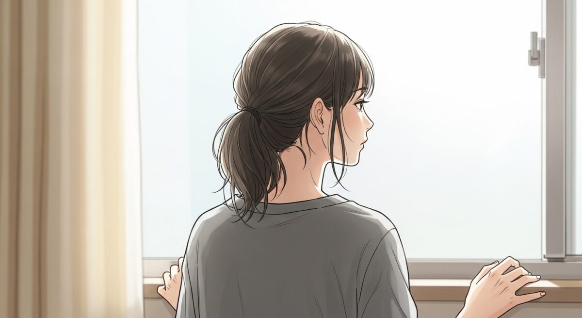 窓際で静かに外を見つめる日本人女性の後ろ姿イラスト