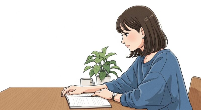 ノートを前に静かに俯いている女性の横顔イラスト