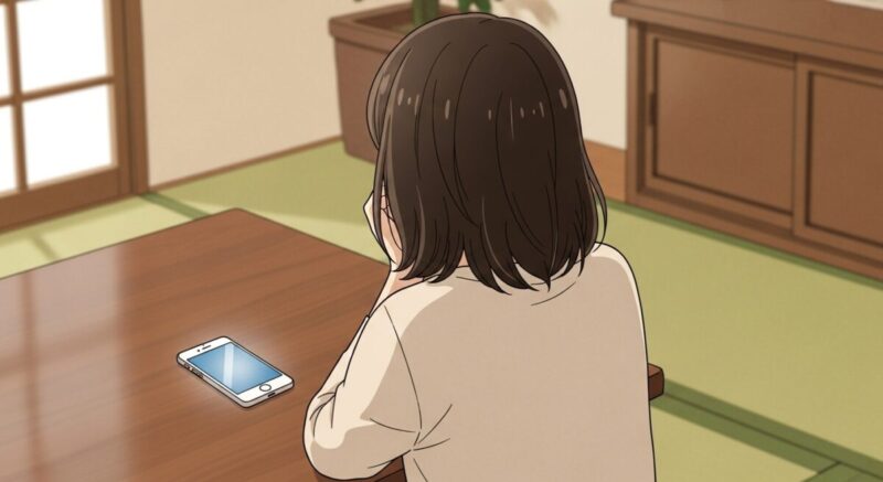 スマホ画面を見つめる女性の後ろ姿とやわらかな光のイラスト