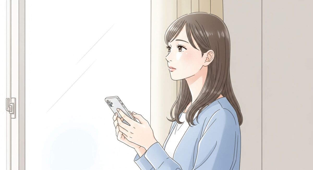 スマホを手に持ちながら悩んだ表情で窓の外を見つめる日本人女性