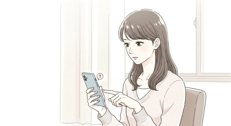 送信ボタンに指を伸ばしつつ躊躇している日本人女性