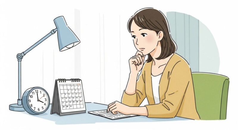 カレンダーと時計を見比べながら悩む日本人女性