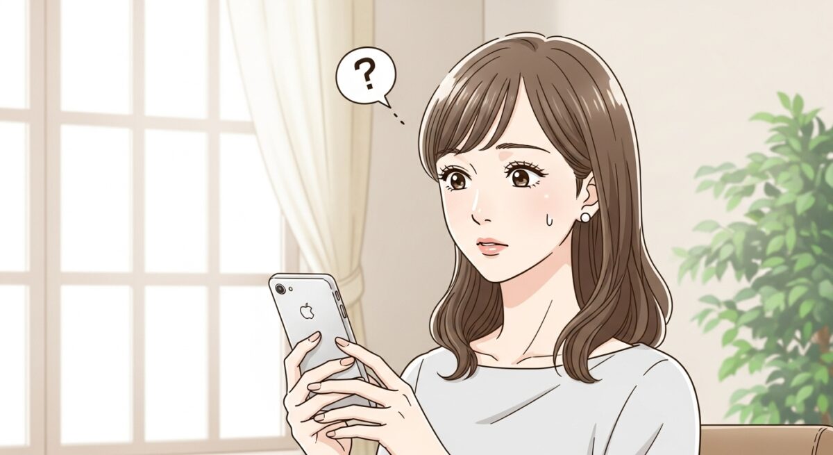 LINEを開こうか迷う大人の日本人女性のイラスト