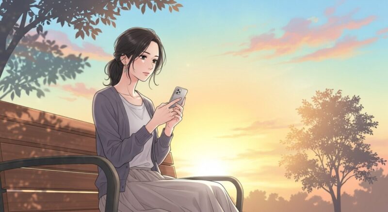 スマートフォンを見つめて冷静に考える日本人女性のイラスト