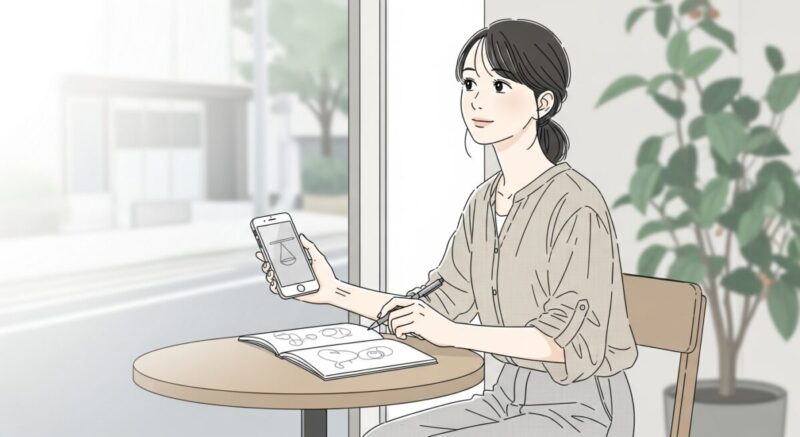 スマートフォンのメッセージを下書きする日本人女性のイラスト