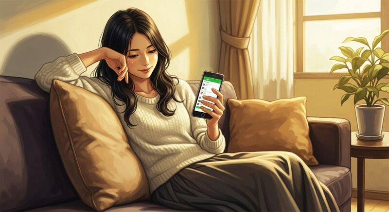 LINEの返信を見て安心する日本人女性のイラスト