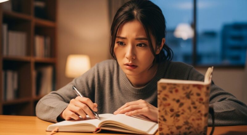 日記を開いて、自分の気持ちを書き出しながら悩む日本人女性