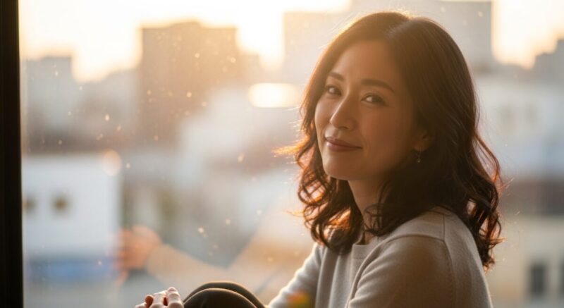 窓辺で柔らかな光を浴びながら、穏やかな笑顔を見せる日本人女性
