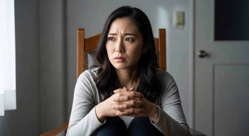 不安げな気持ちで椅子に座り、遠くを見つめる日本人女性