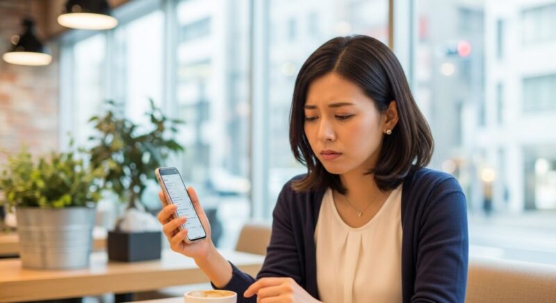 スマートフォンを見ながら小さくため息をつく日本人女性
