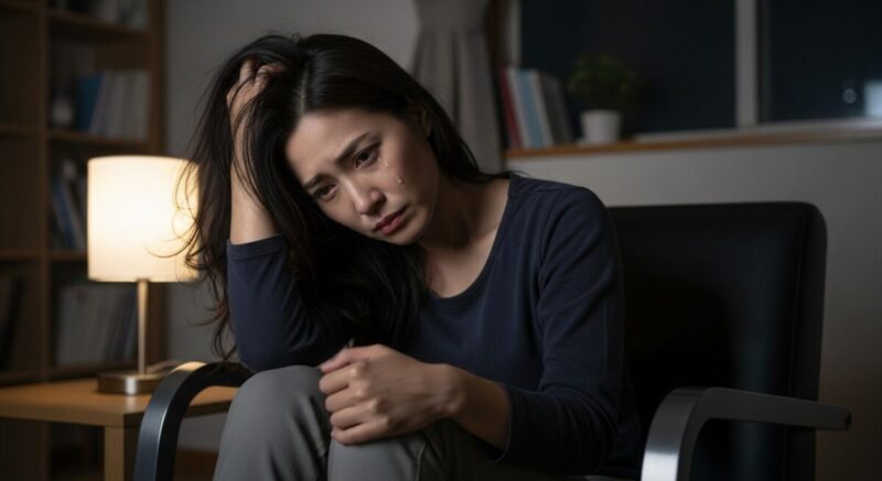 夜の室内で、悩ましい表情をしながら椅子に座る日本人女性