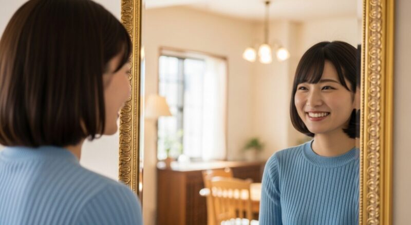 鏡の前で自分に微笑みかける日本人女性